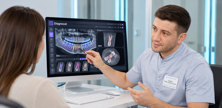 Врач объясняет пациентке результаты диагностики зубов с помощью Diagnocat